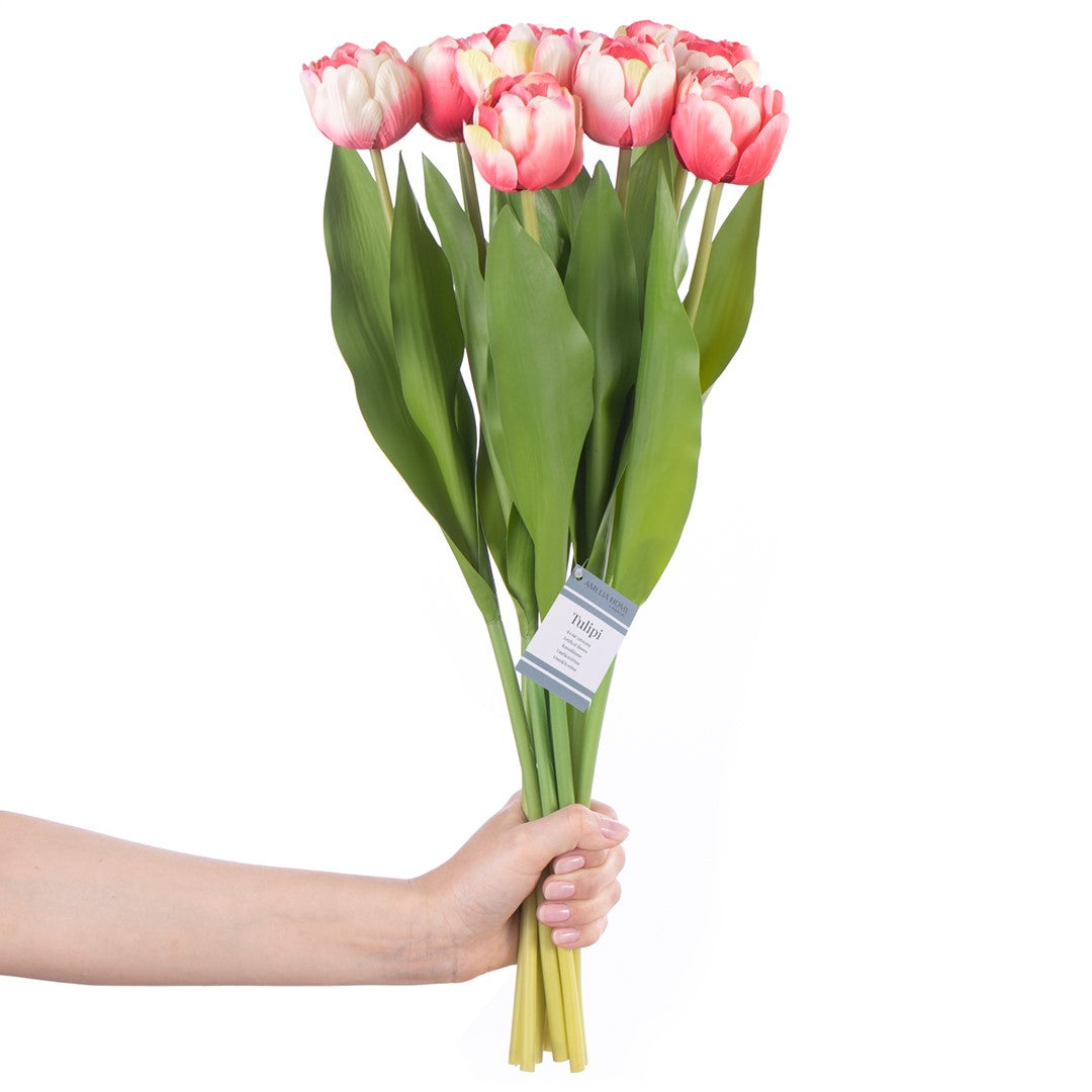 Set 10 fire flori artificiale, Tulipi Roz / Verde, H50 cm