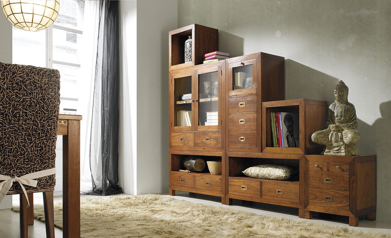 Cabinet cu vitrina, din lemn si furnir, cu 2 sertare si 2 usi, Star Combi Nuc, l90xA35xH90 cm (1)
