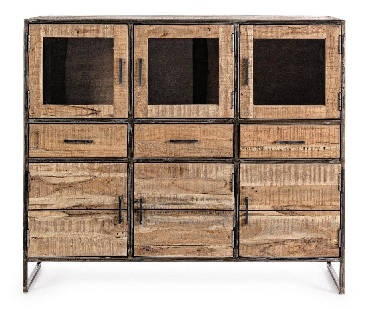 Cabinet cu vitrina din lemn de salcam si metal, cu 3 sertare si 6 usi, Elmer Natural, l135xA40xH120 cm (1)
