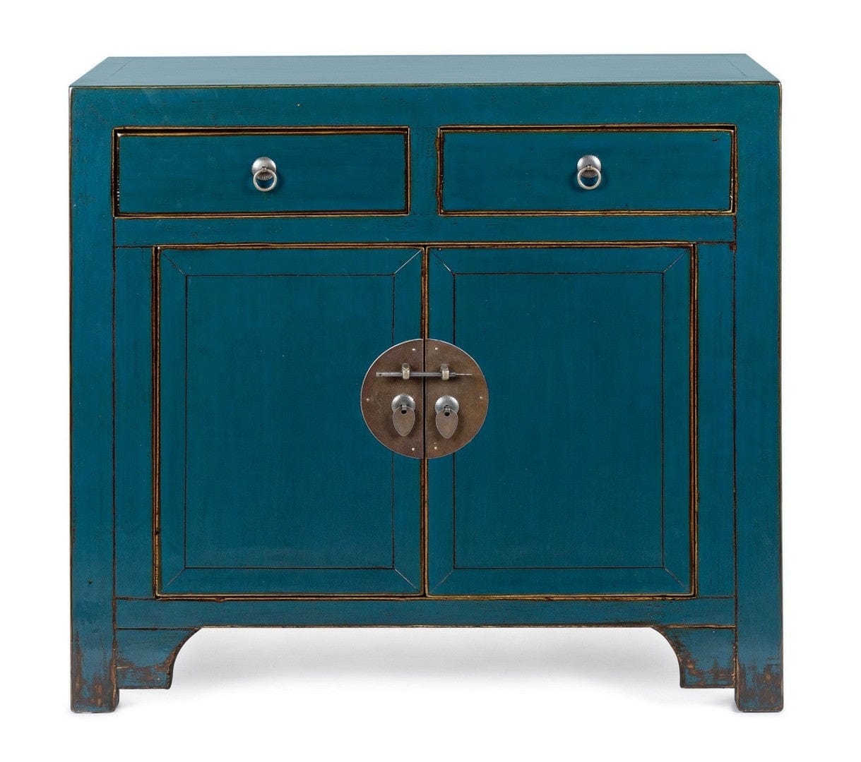 Cabinet din lemn reciclat de ulm, cu 2 sertare si 2 usi Jinan Albastru Antichizat, l91xA43xH84 cm (1)