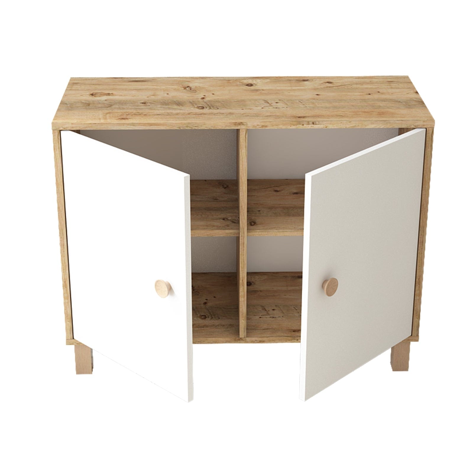 Cabinet din pal si lemn, cu 2 usi Vilamo VL35-217 Alb / Natural, l96xA40xH73,6 cm (2)