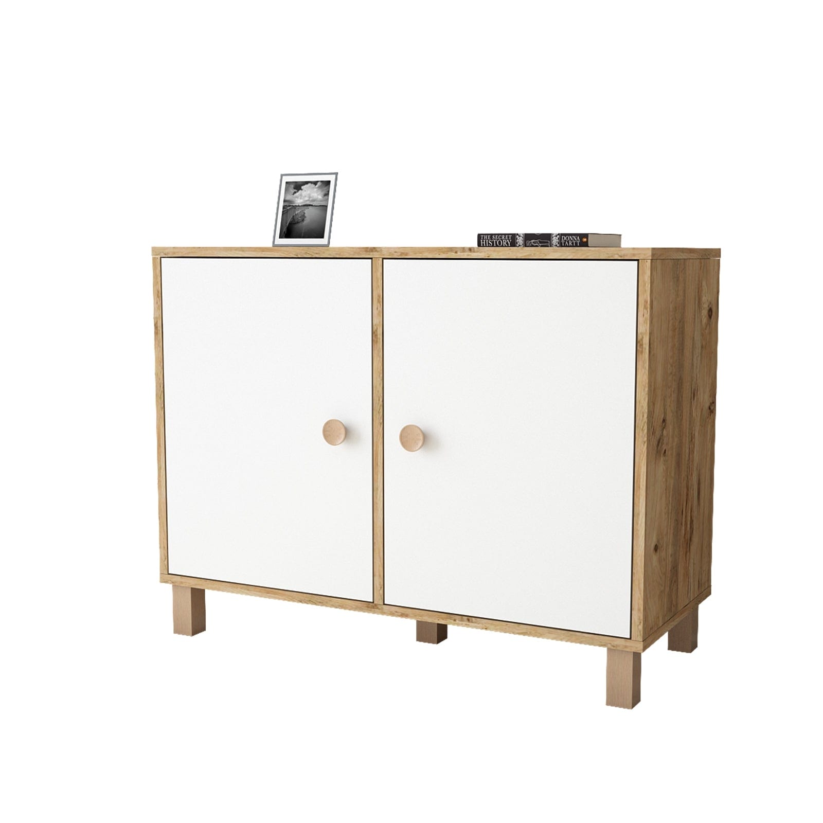 Cabinet din pal si lemn, cu 2 usi Vilamo VL35-217 Alb / Natural, l96xA40xH73,6 cm (3)