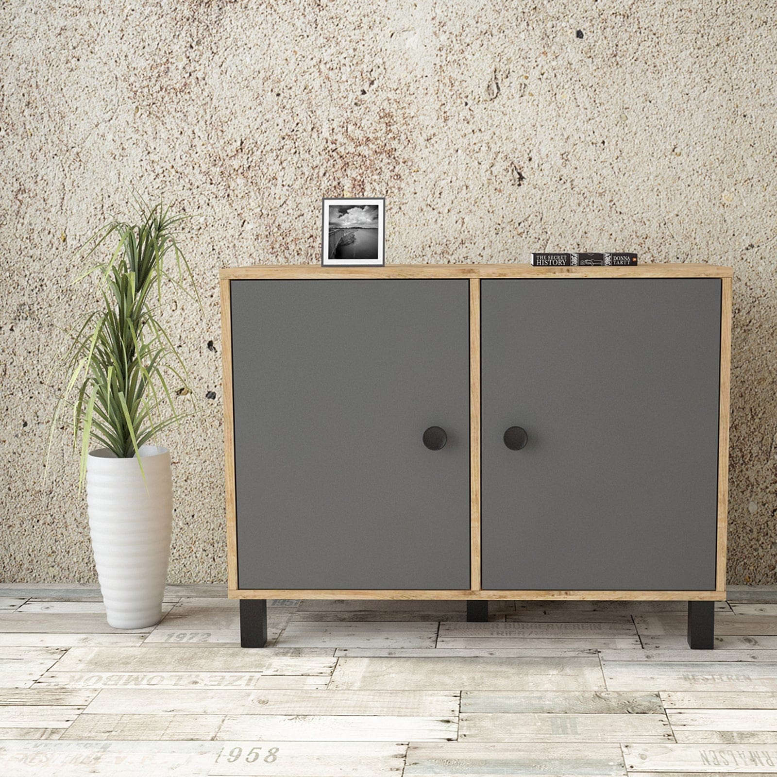 Cabinet din pal si lemn, cu 2 usi Vilamo VL35-228 Antracit / Natural, l96xA40xH73,6 cm (1)
