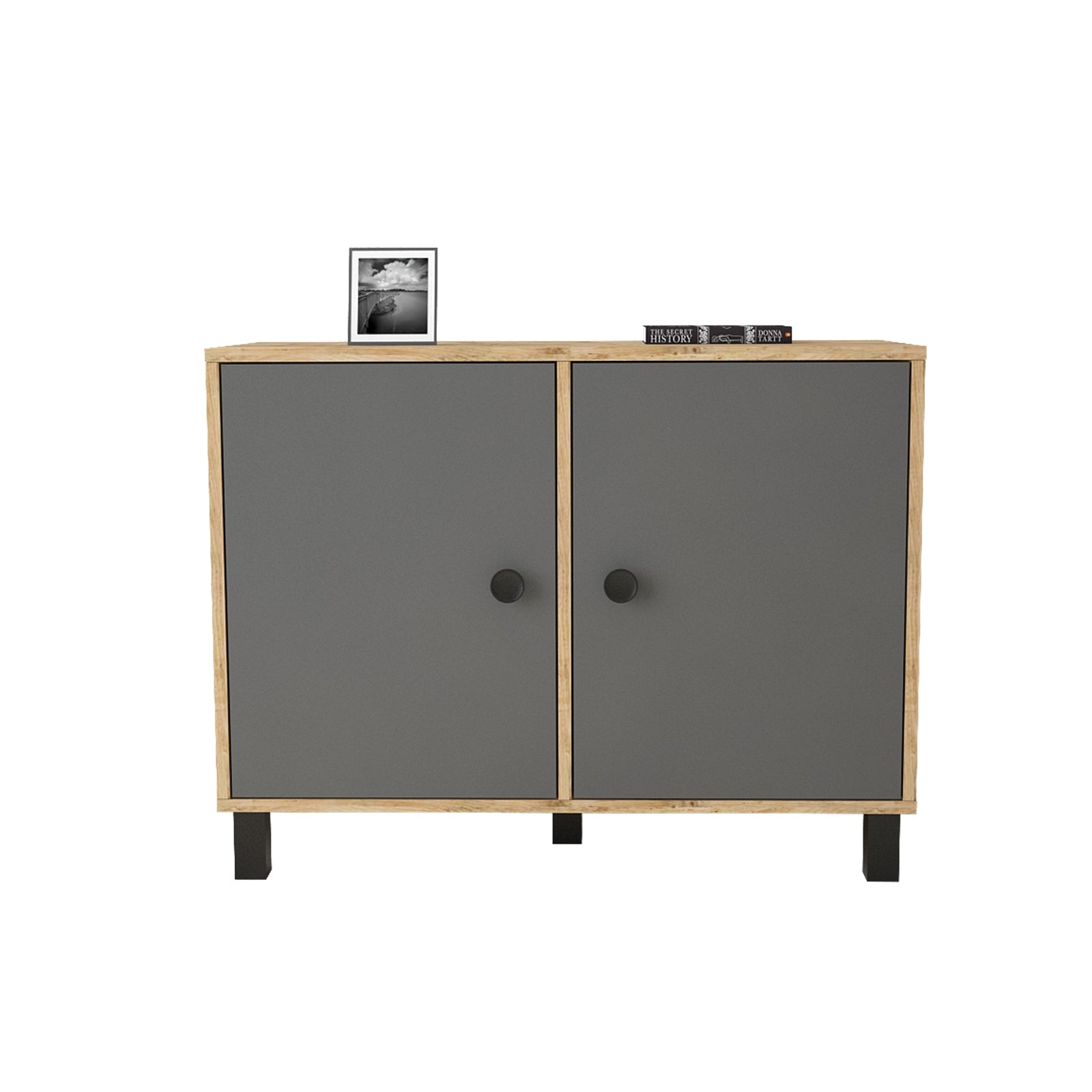 Cabinet din pal si lemn, cu 2 usi Vilamo VL35-228 Antracit / Natural, l96xA40xH73,6 cm (2)