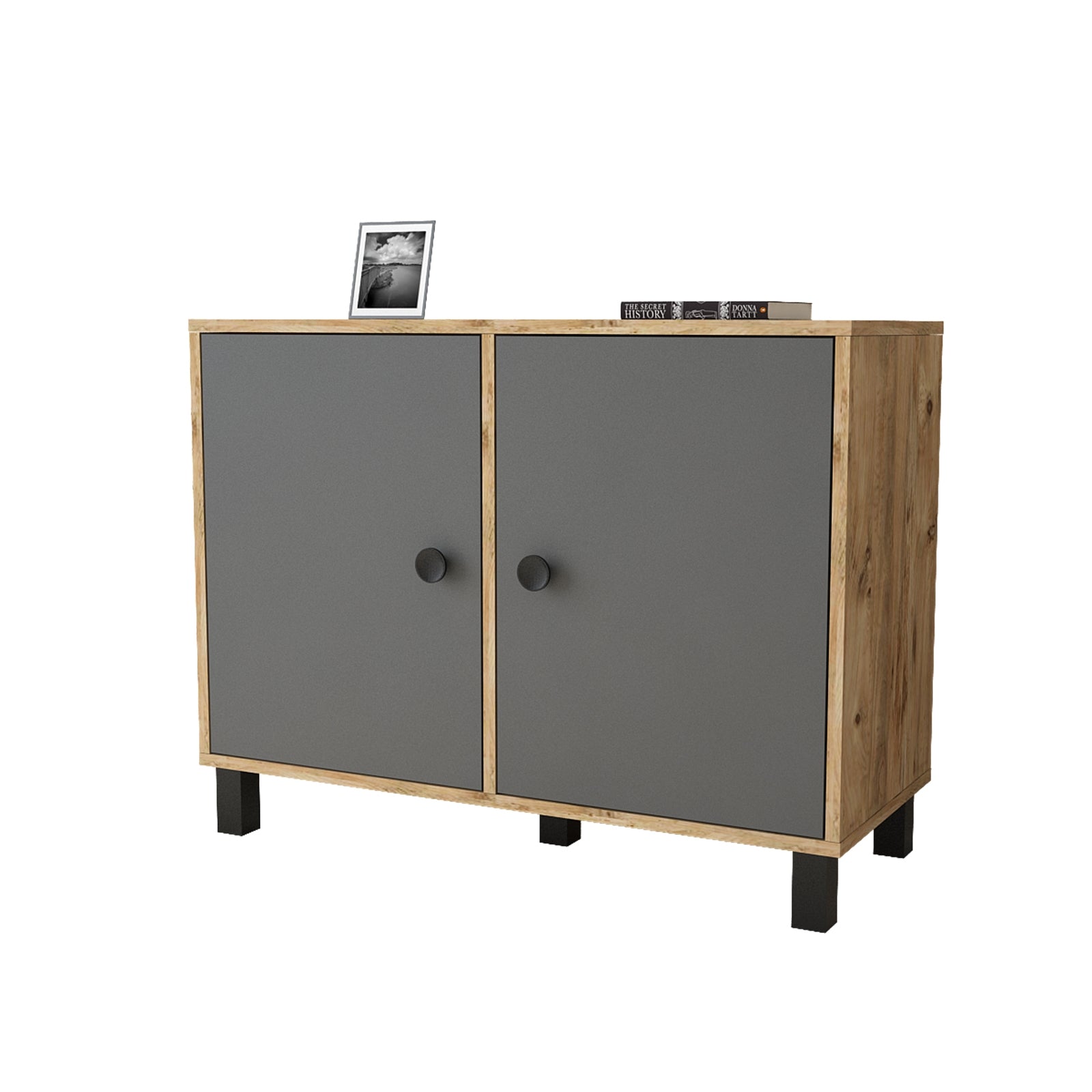 Cabinet din pal si lemn, cu 2 usi Vilamo VL35-228 Antracit / Natural, l96xA40xH73,6 cm (4)