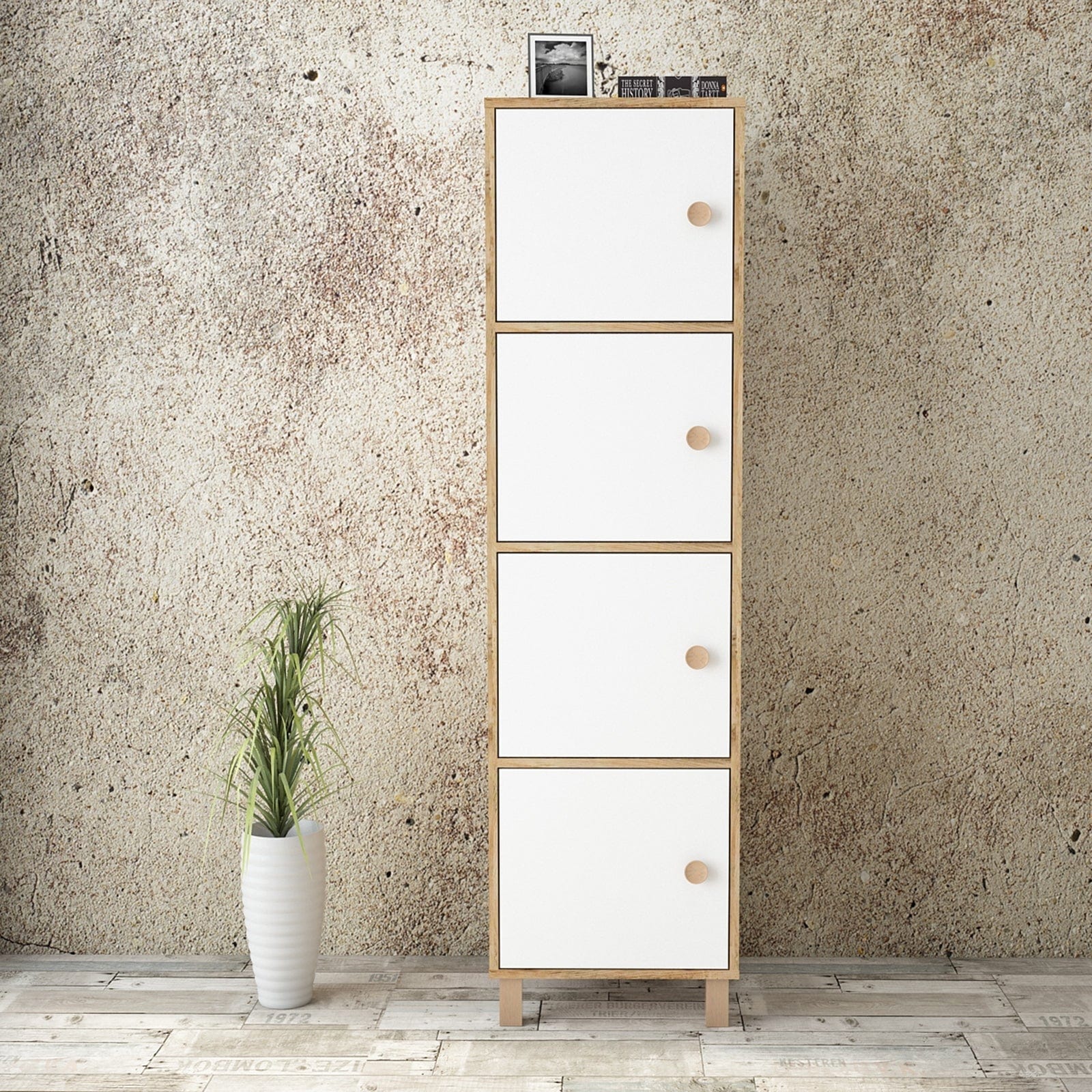 Cabinet din pal si lemn, cu 4 usi Vilamo VL30-217 Alb / Natural, l49xA40xH179,4 cm (1)