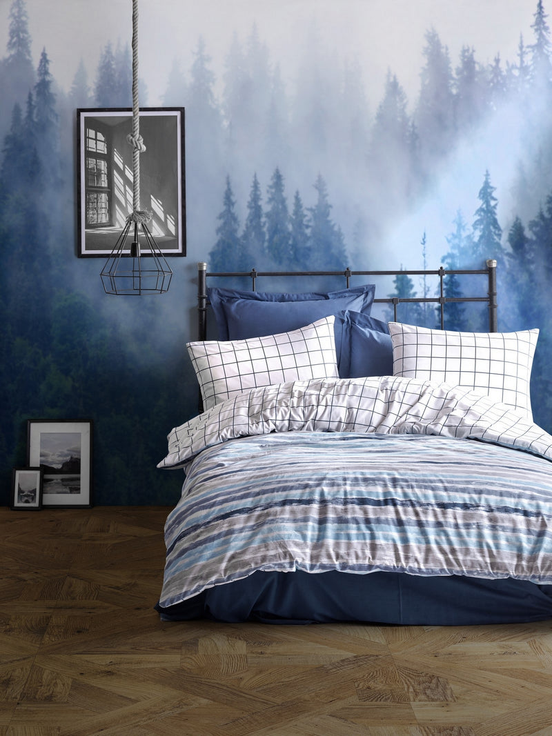 Lenjerie de pat din bumbac Ranforce, Grace Albastru / Alb, 200 x 220 cm