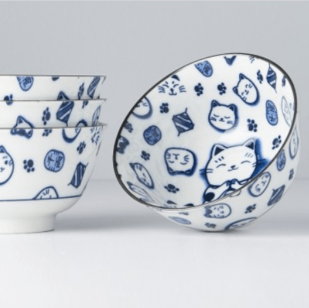 Set 4 boluri japoneze, din ceramica, Maneki Cat Albastru, 350 ml (1)