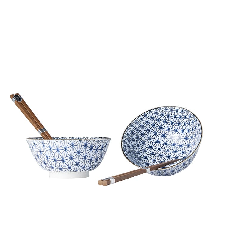 Set 2 boluri cu 4 bete japoneze, din ceramica, Starburst Albastru, 400 ml