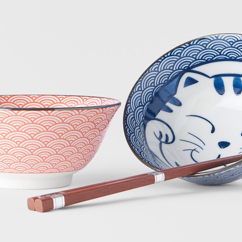 Set 2 boluri cu 4 bete japoneze, din ceramica, Maneki Wave Rosu, 400 ml (1)