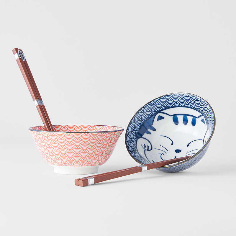 Set 2 boluri cu 4 bete japoneze, din ceramica, Maneki Wave Rosu, 400 ml (3)