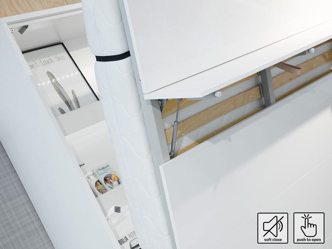 Pat rabatabil pe perete, cu mecanism pneumatic, sistem LED si somiera inclusa, Bed Concept Vertical Alb Mat, 200 x 180 cm (10)