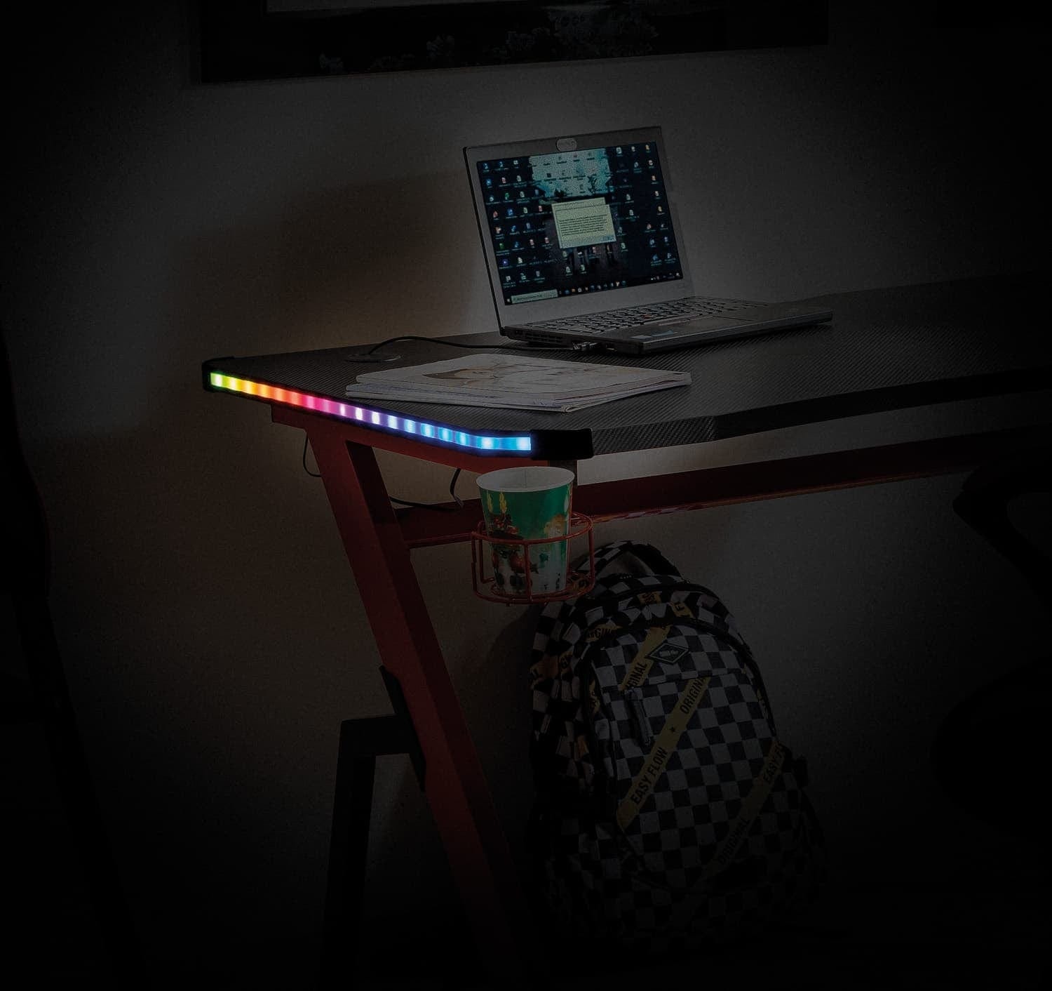 Masa de birou din furnir si metal, cu LED inclus, Benny-006 Negru / Rosu, L120xl66xH75 cm (2)