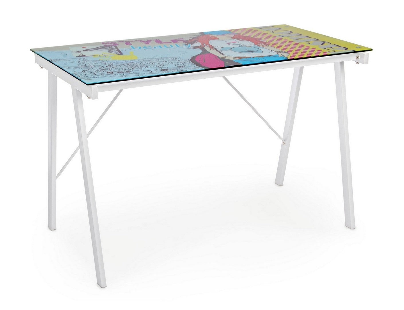 Masa de birou din sticla si metal, pentru copii Cartoon Multicolor, L113xl58xH73 cm
