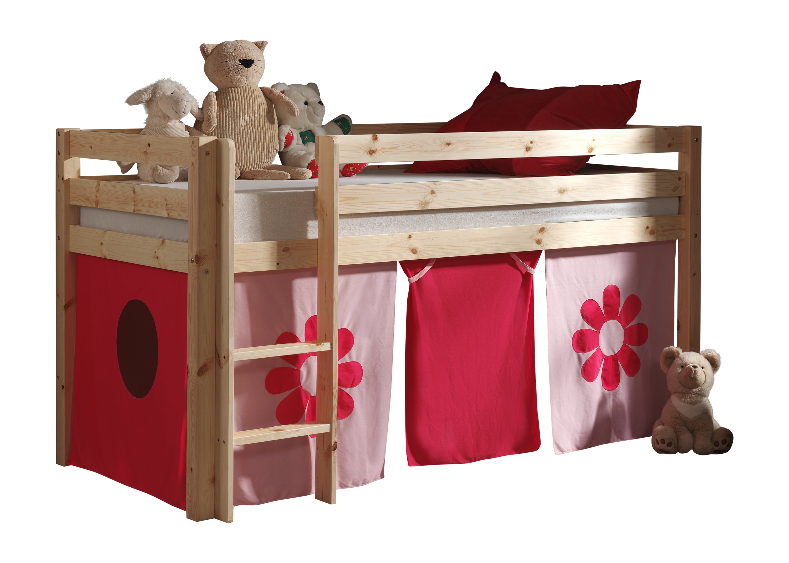 Pat etajat din lemn de pin, cu spatiu de joaca pentru copii Pino Pink Flower Natural, 200 x 90 cm (1)