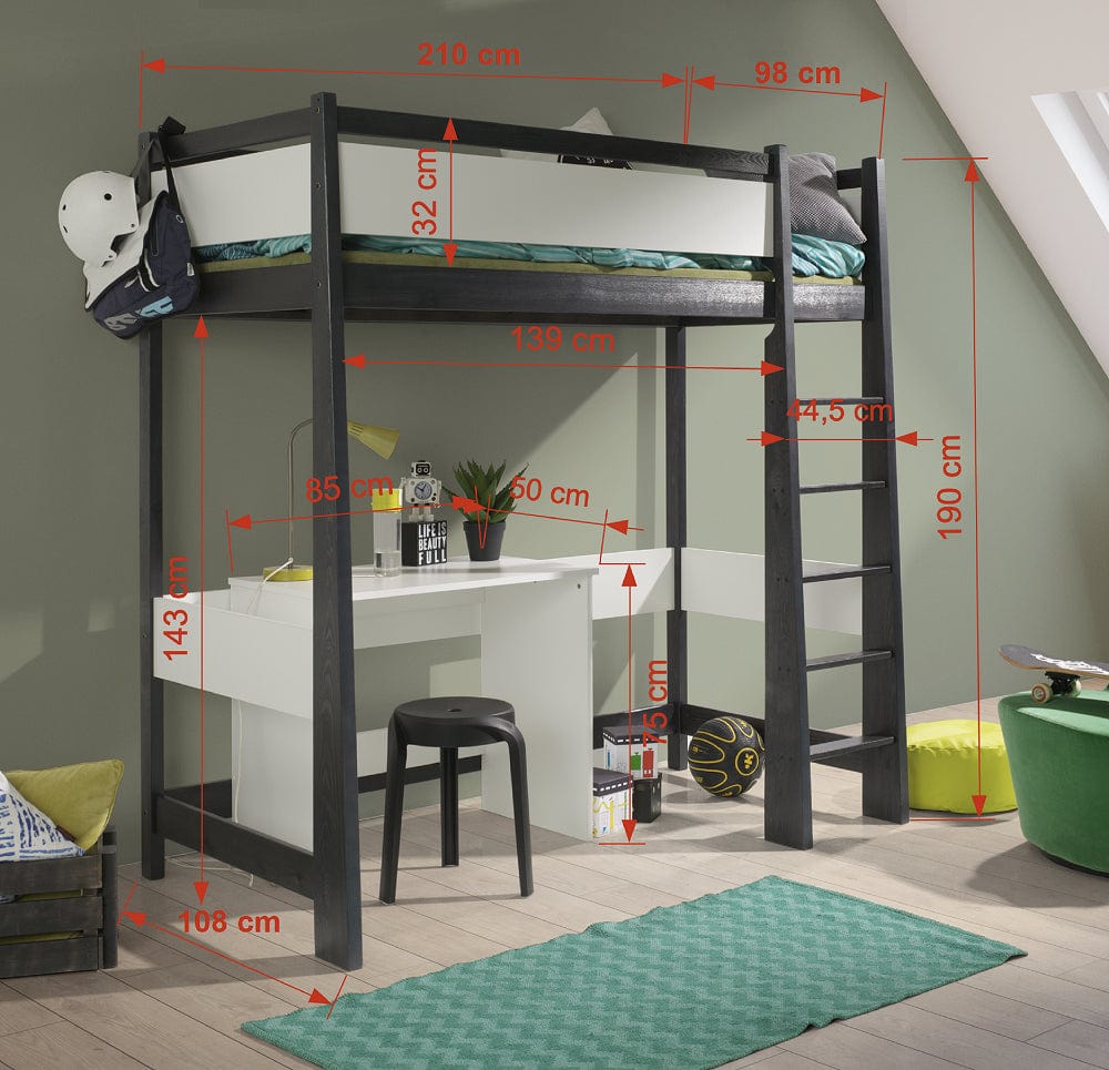 Pat etajat din lemn de pin si pal, cu birou incorporat pentru copii Tede, 200 x 90 cm (1)