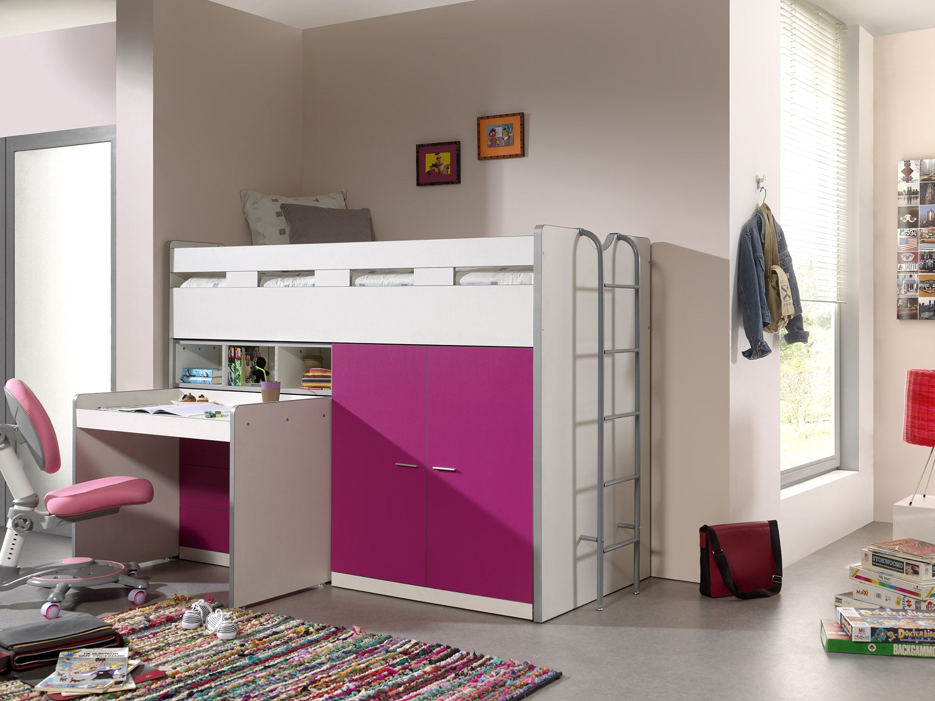 Pat etajat din pal si metal cu birou incorporat, 3 sertare si dulap, pentru copii Bonny High Alb / Fucsia, 200 x 90 cm (1)