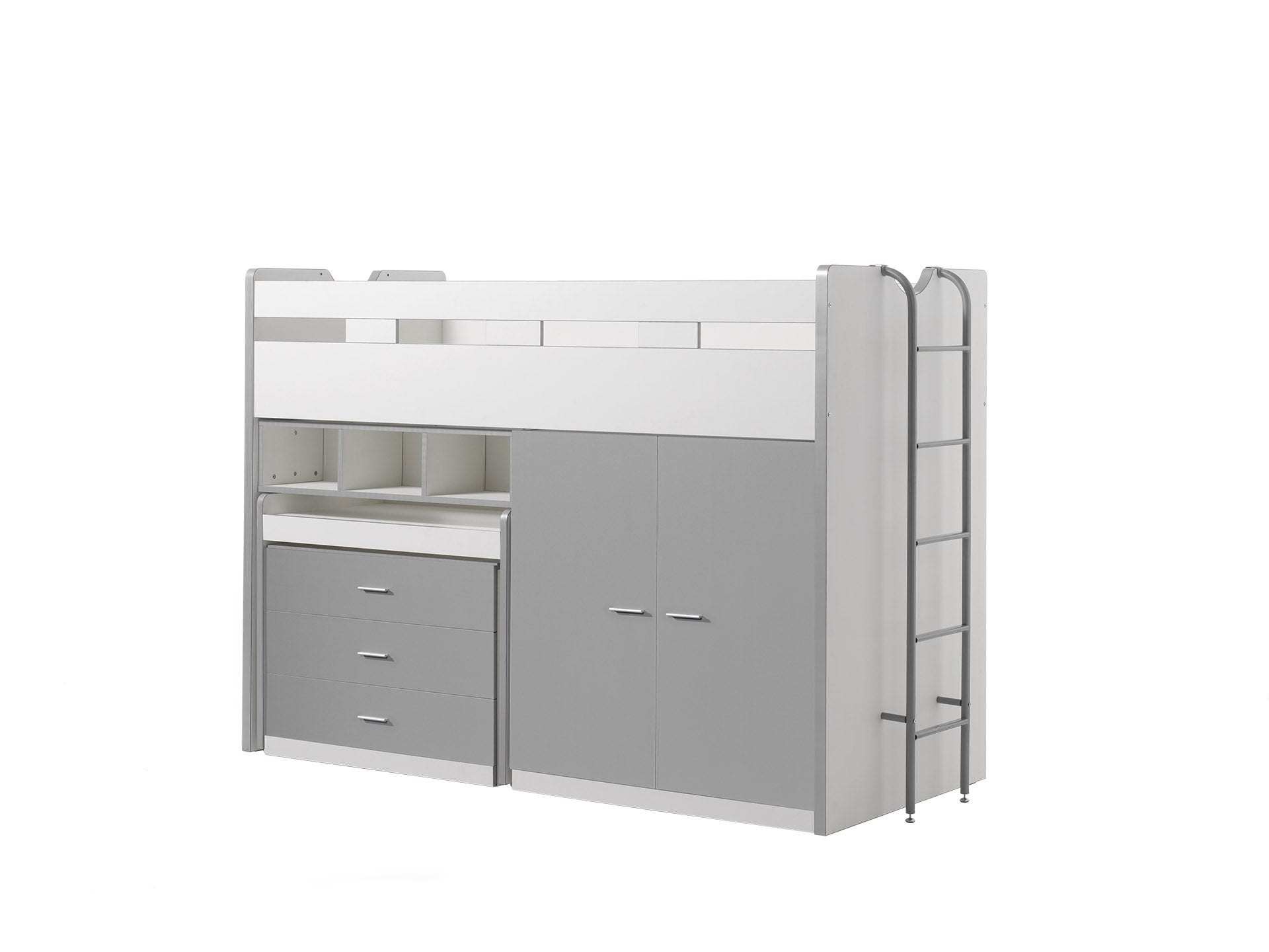 Pat etajat din pal si metal cu birou incorporat, 3 sertare si dulap, pentru copii Bonny High Alb / Gri, 200 x 90 cm (1)
