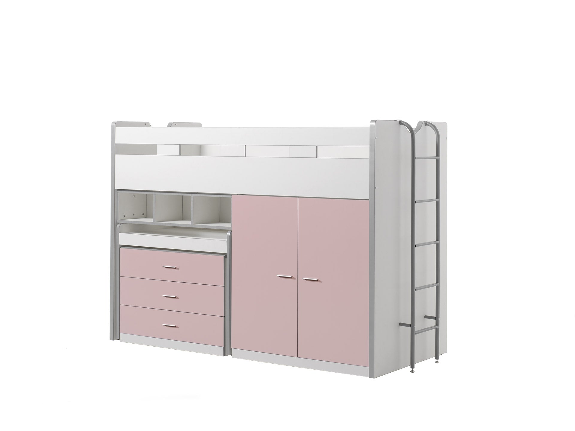 Pat etajat din pal si metal cu birou incorporat, 3 sertare si dulap, pentru copii Bonny High Alb / Roz, 200 x 90 cm (1)