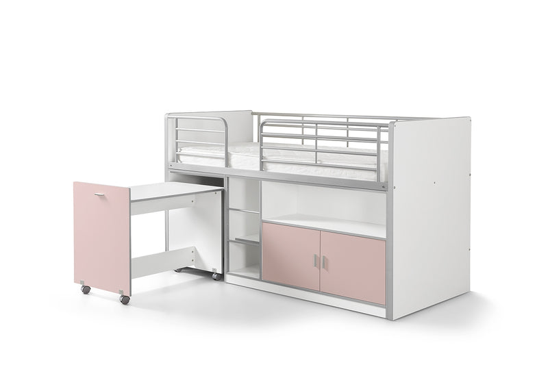 Pat etajat din pal si metal cu birou incorporat si 2 usi, pentru copii Bonny Alb / Roz, 200 x 90 cm (1)