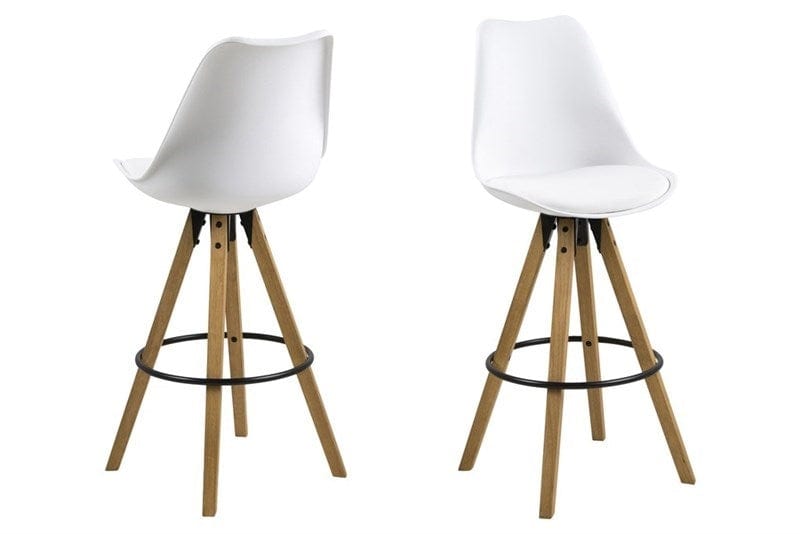 Set 2 scaune de bar din plastic, sezut tapitat cu piele ecologica si picioare din lemn Dima Alb / Stejar, l48xA55xH111,5 cm