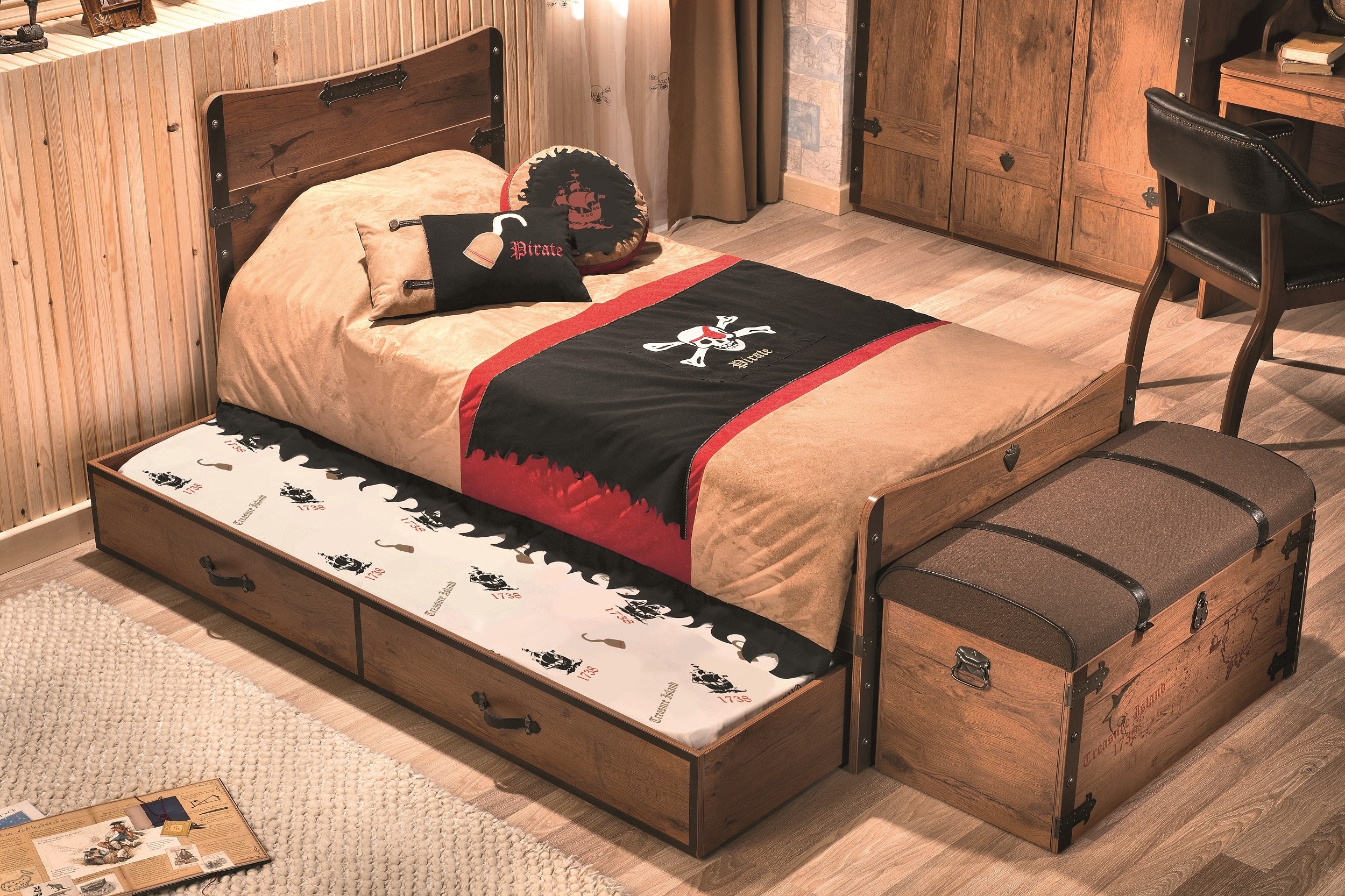 Set Mobila dormitor din pal, pentru copii, 8 piese, Pirate Maro, 200 x 100 cm (1)