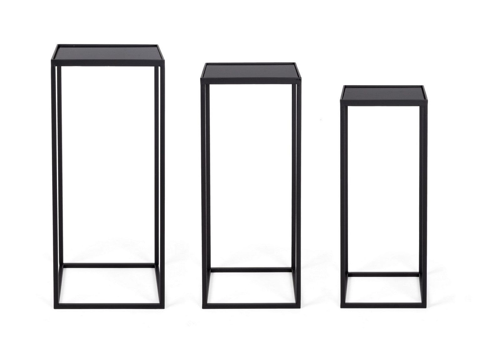 Set 3 masute suport telefon din sticla si metal Nucleos Square Negru, L31xl31xH75 cm / L28xl28xH70 cm / L24xl24xH65 cm (2)