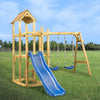 Set de joaca exterior din lemn de pin, pentru copii, cu tobogan si 2 leagane, Playhouse Tower Natural / Albastru, L285xl305xH226,5 cm