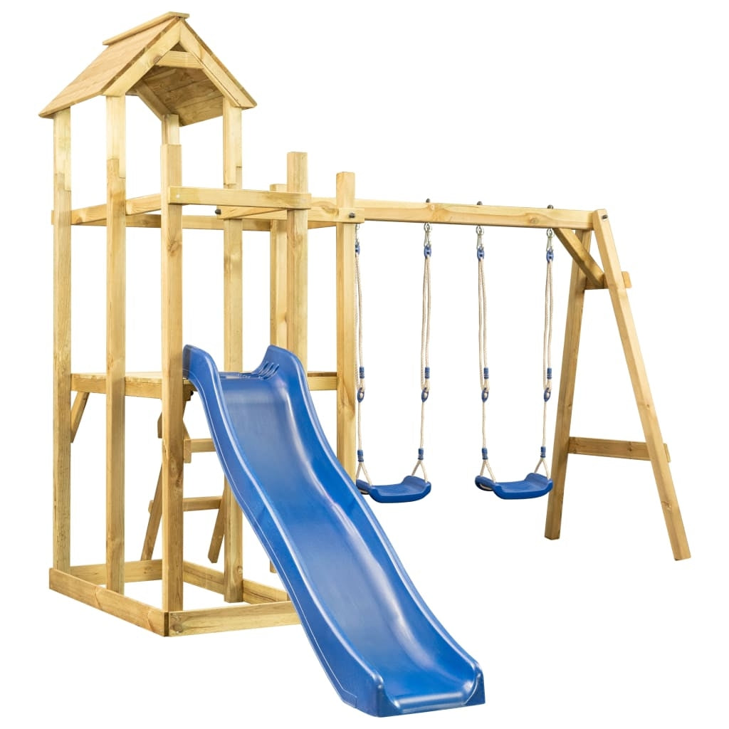 Set de joaca exterior din lemn de pin, pentru copii, cu tobogan si 2 leagane, Playhouse Tower Natural / Albastru, L285xl305xH226,5 cm (1)