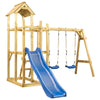 Set de joaca exterior din lemn de pin, pentru copii, cu tobogan si 2 leagane, Playhouse Tower Natural / Albastru, L285xl305xH226,5 cm (1)