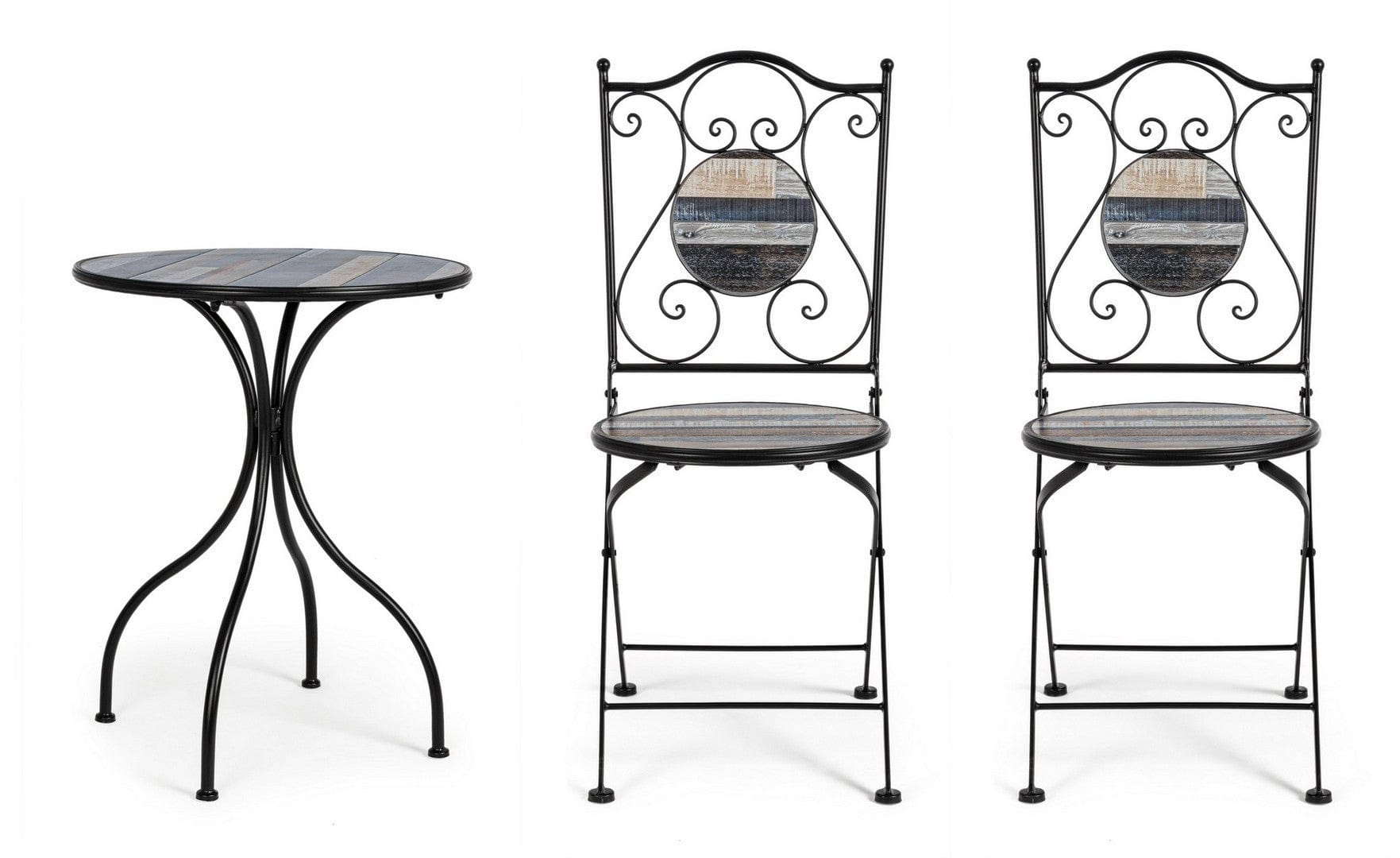 Set masa + 2 scaune pliabile pentru gradina / terasa, din ceramica si metal, Huston Multicolor / Negru, Ø60xH75 cm (3)