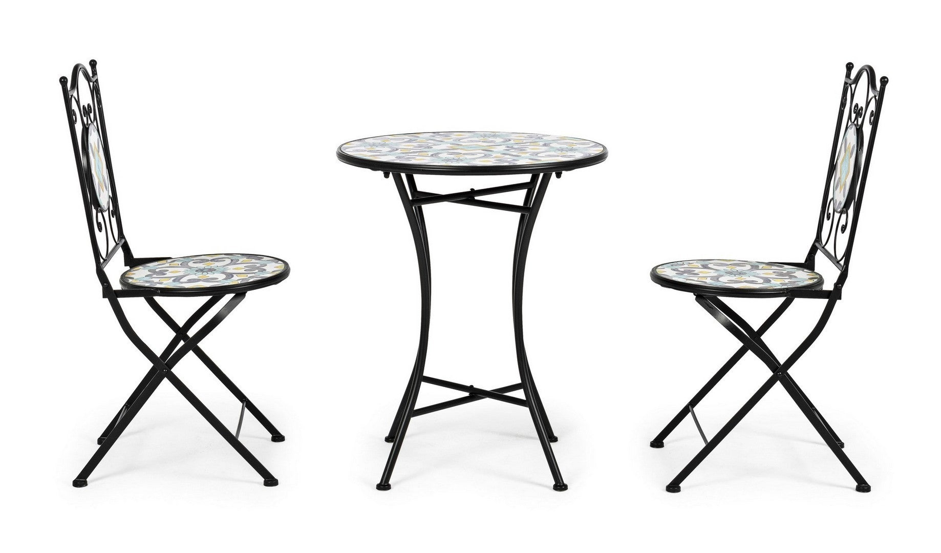 Set masa + 2 scaune pliabile pentru gradina / terasa, din ceramica si metal, Positano Multicolor / Negru, Ø60xH75 cm (1)
