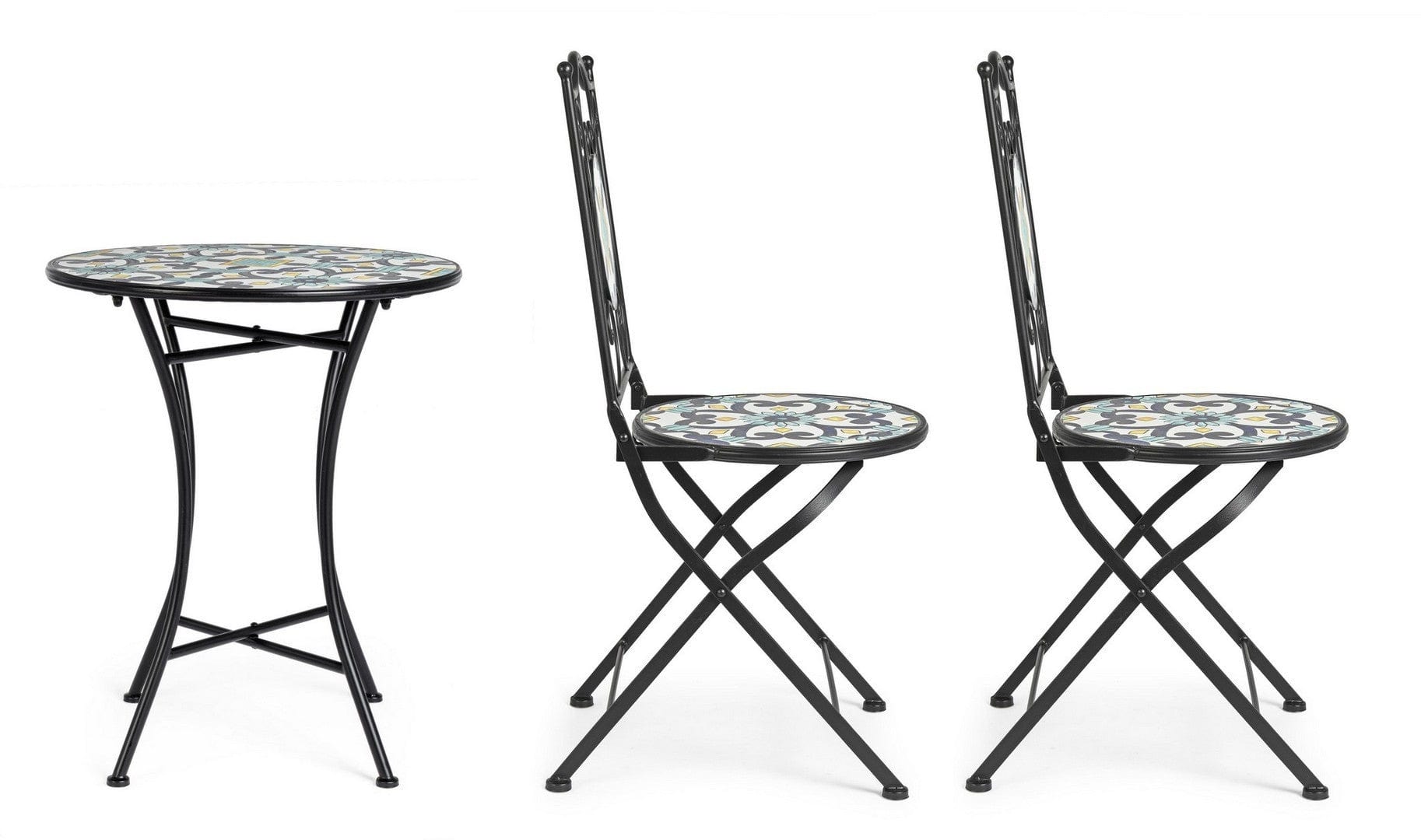 Set masa + 2 scaune pliabile pentru gradina / terasa, din ceramica si metal, Positano Multicolor / Negru, Ø60xH75 cm (4)