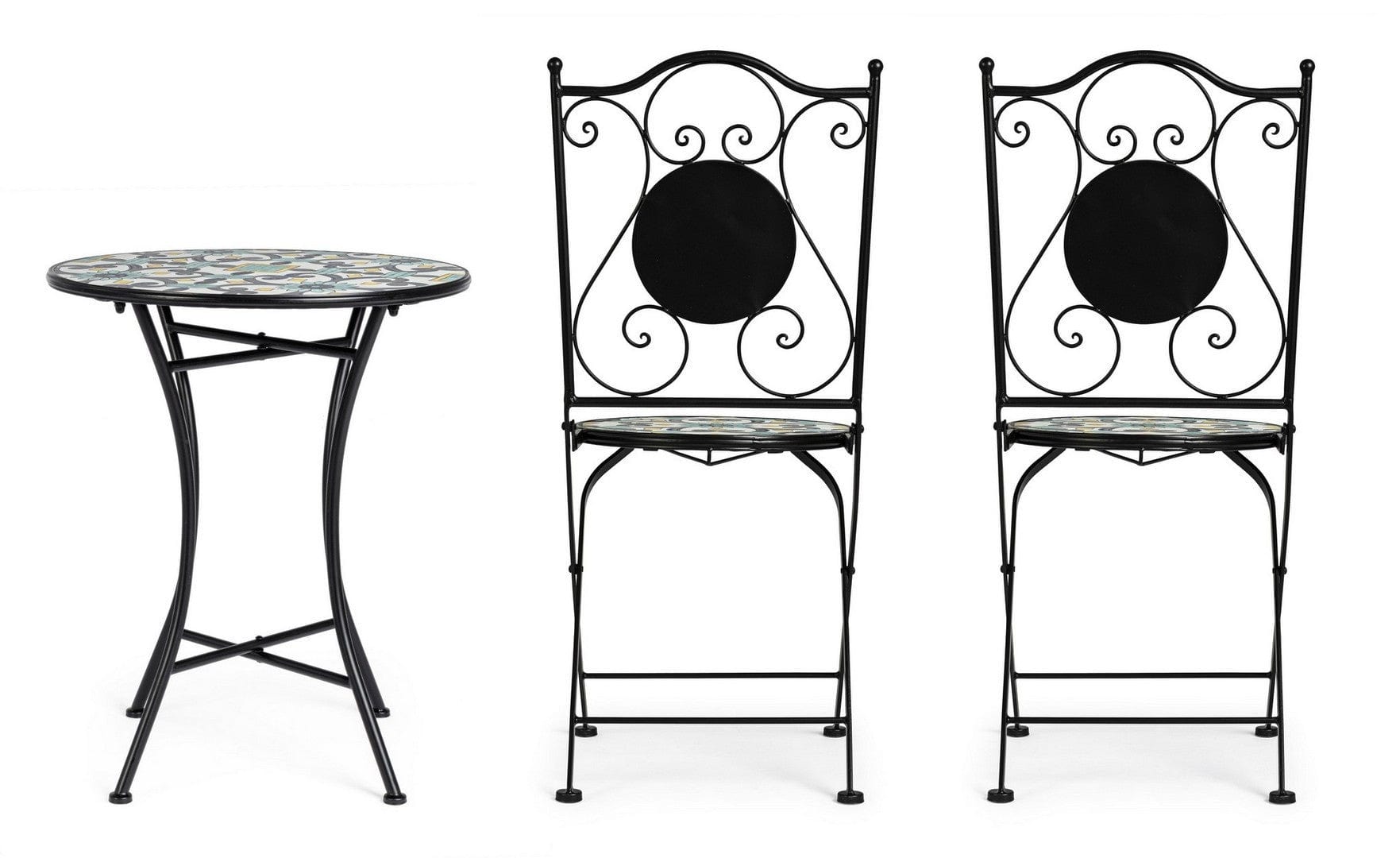 Set masa + 2 scaune pliabile pentru gradina / terasa, din ceramica si metal, Positano Multicolor / Negru, Ø60xH75 cm (5)