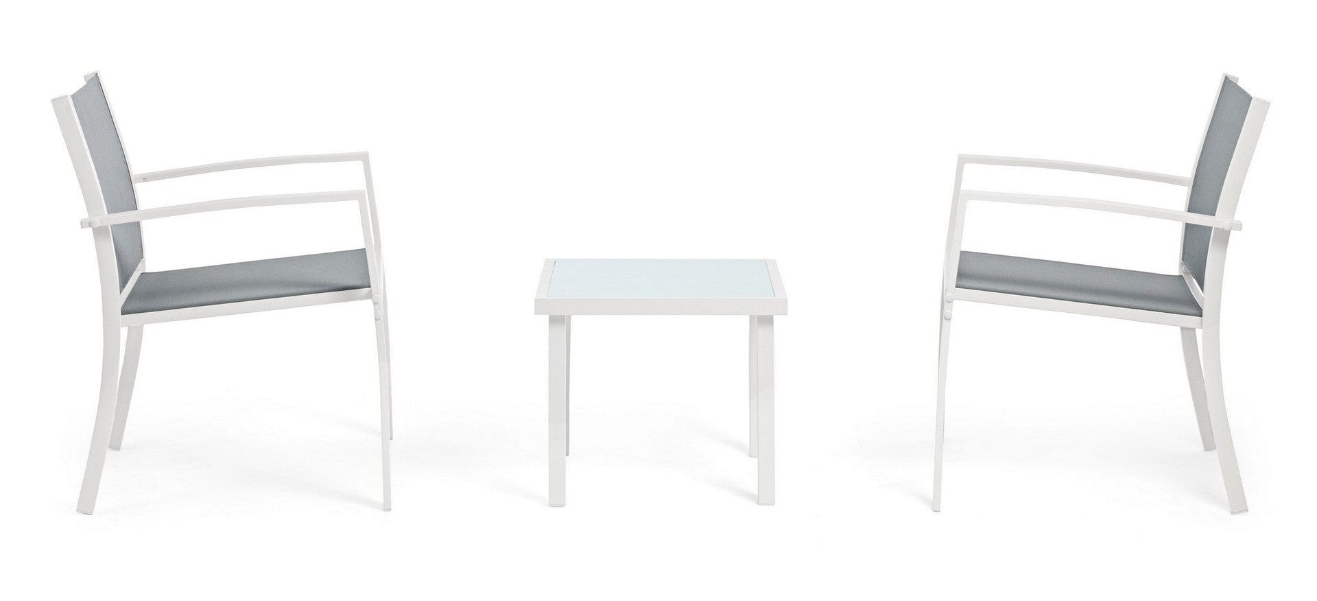 Set masa de cafea + 2 scaune pentru gradina / terasa, din sticla, material textil si metal, Auri Gri / Alb, L45xl45xH38 cm (2)