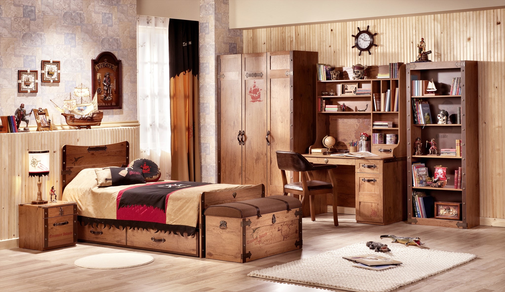 Set Mobila dormitor din pal, pentru copii, 8 piese, Pirate Maro, 200 x 100 cm