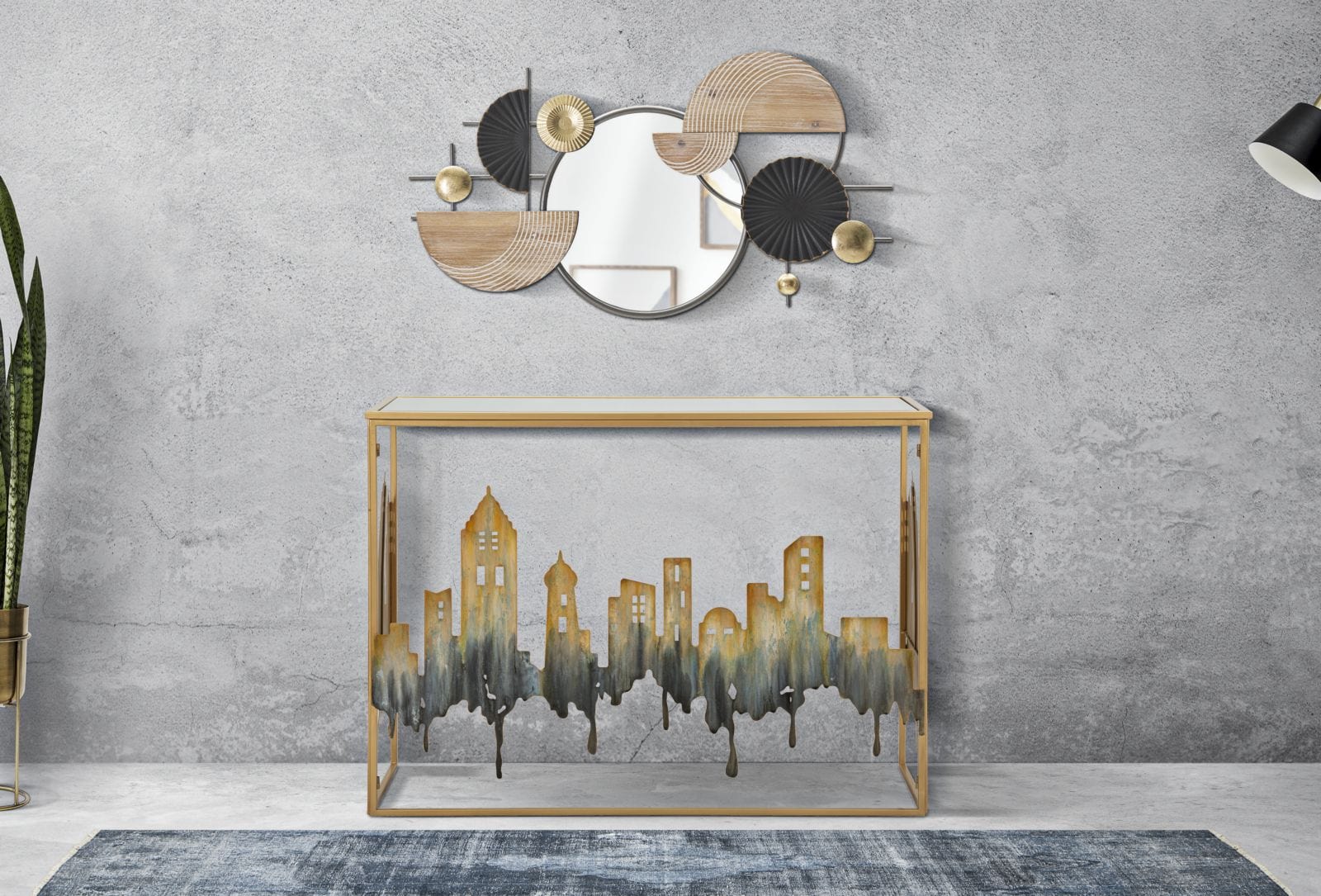 Decoratiune metalica de perete, cu oglinda, Abstract Multicolor, l90,2xA5,1xH50,2 cm (4)