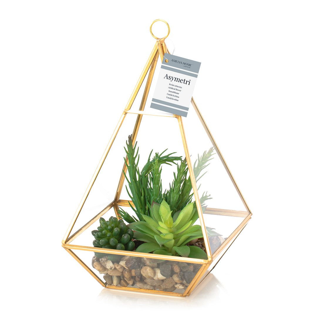 Aranjament decorativ cu plante artificiale, Asymetri Auriu / Verde, L15,5xl15xH31 cm