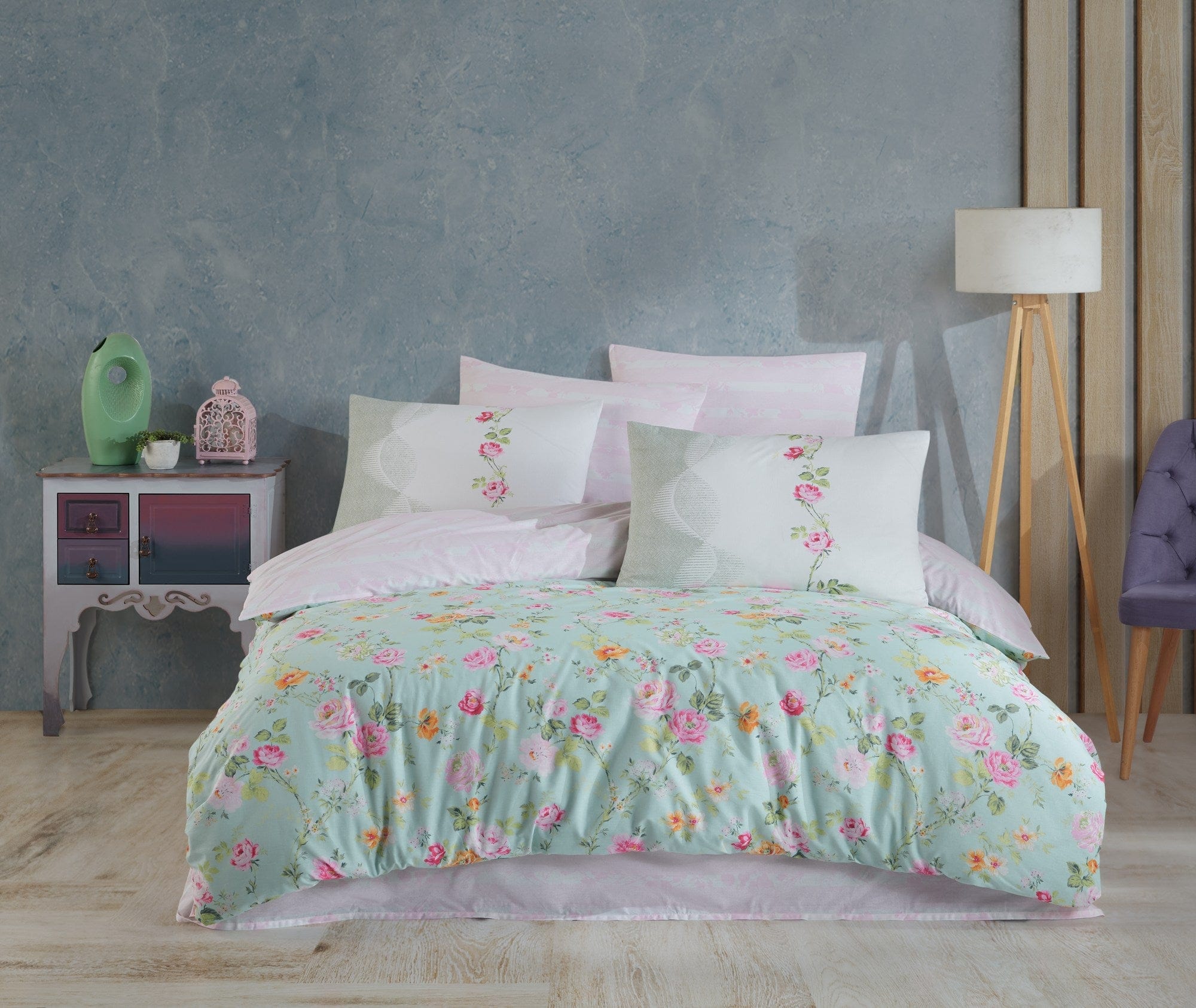 Lenjerie de pat din bumbac, Carmela Verde / Multicolor, 160 x 220 cm