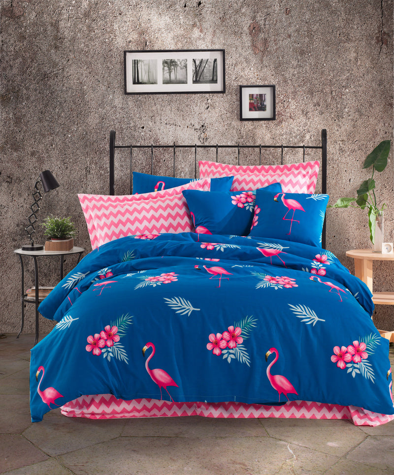 Lenjerie de pat din bumbac Ranforce, Flemenco Albastru Inchis / Roz, 200 x 220 cm