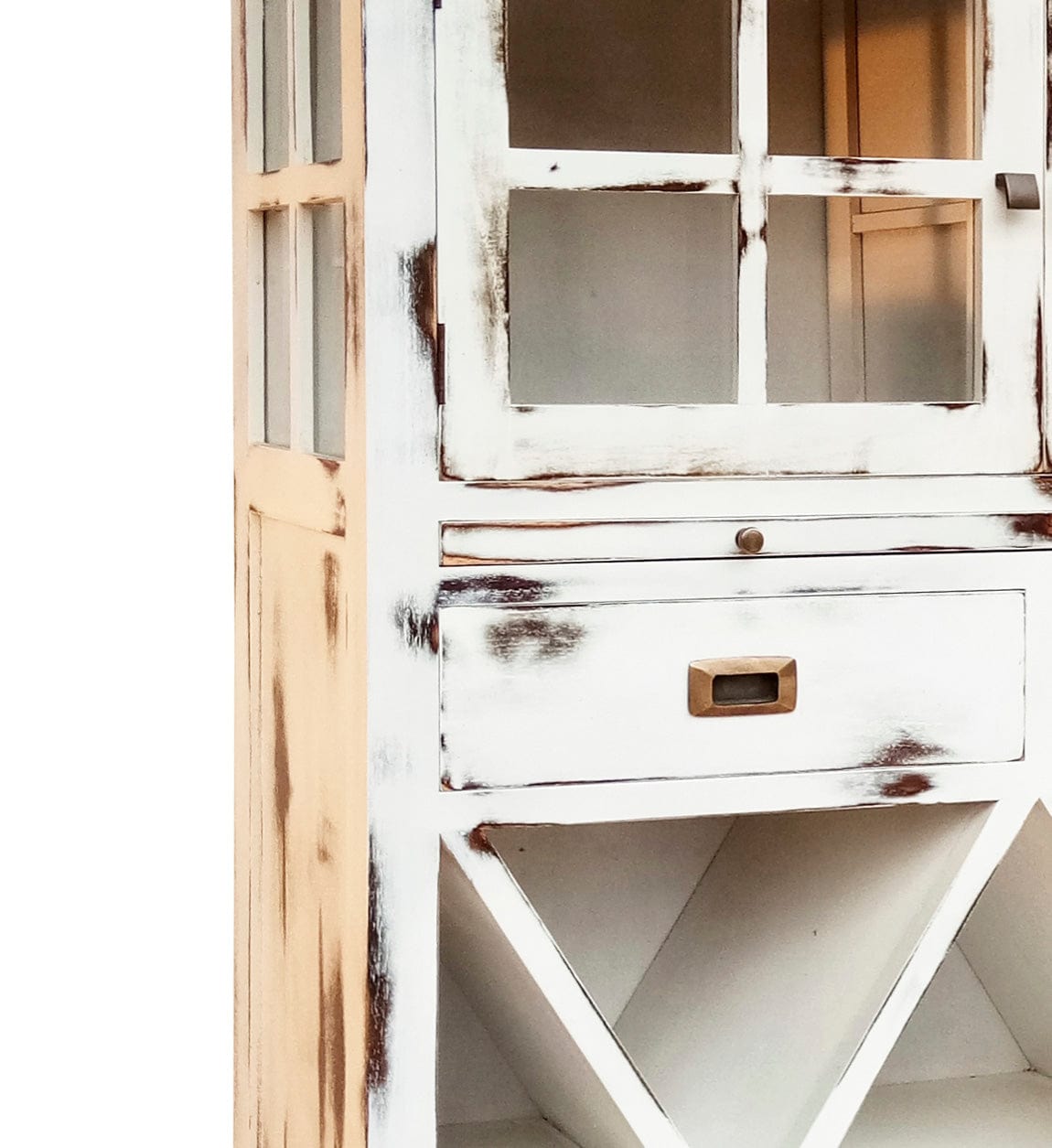 Cabinet cu vitrina din lemn, cu 2 sertare, 2 usi si suport sticle, Everest Alb Antichizat / Maro, l100xA35xH150 cm (3)