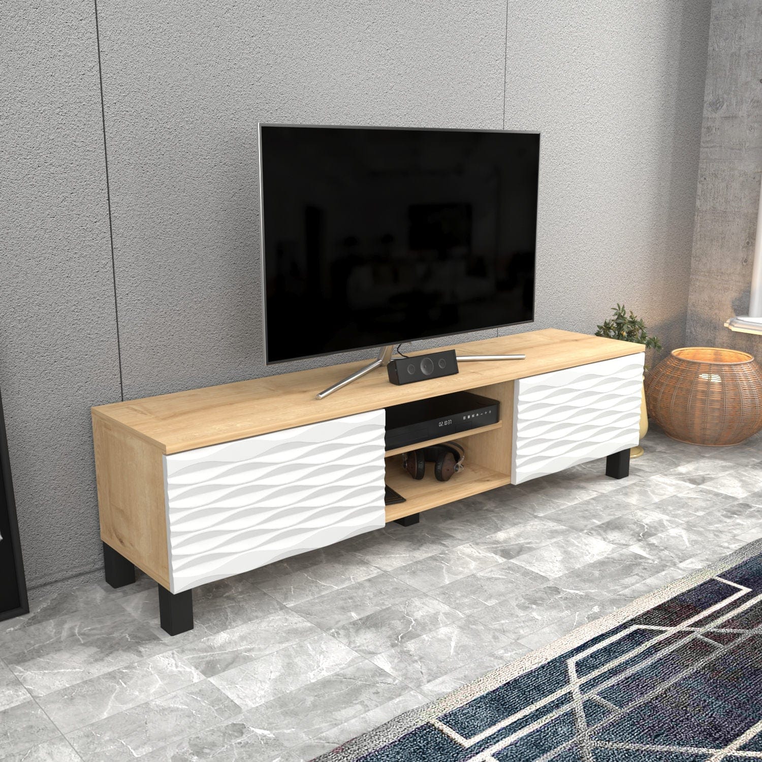 Comoda TV din pal si metal, cu 2 usi, Lukas Stejar Sapphire / Alb, l150xA35xH40,3 cm (1)