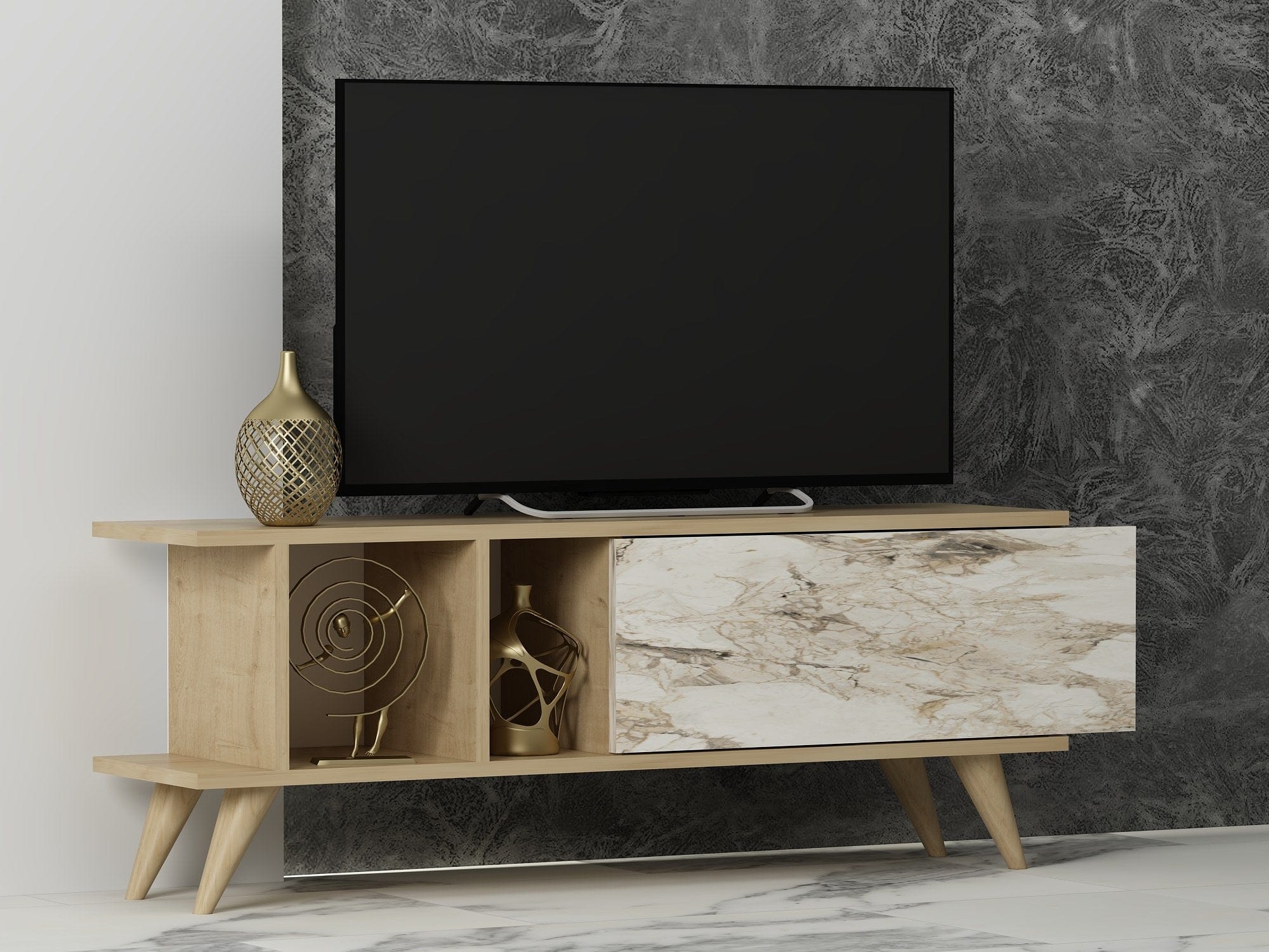 Comoda TV din pal si lemn, cu 1 usa, Liberty Stejar Sapphire / Marmura, l90xA39xH40 cm (1)