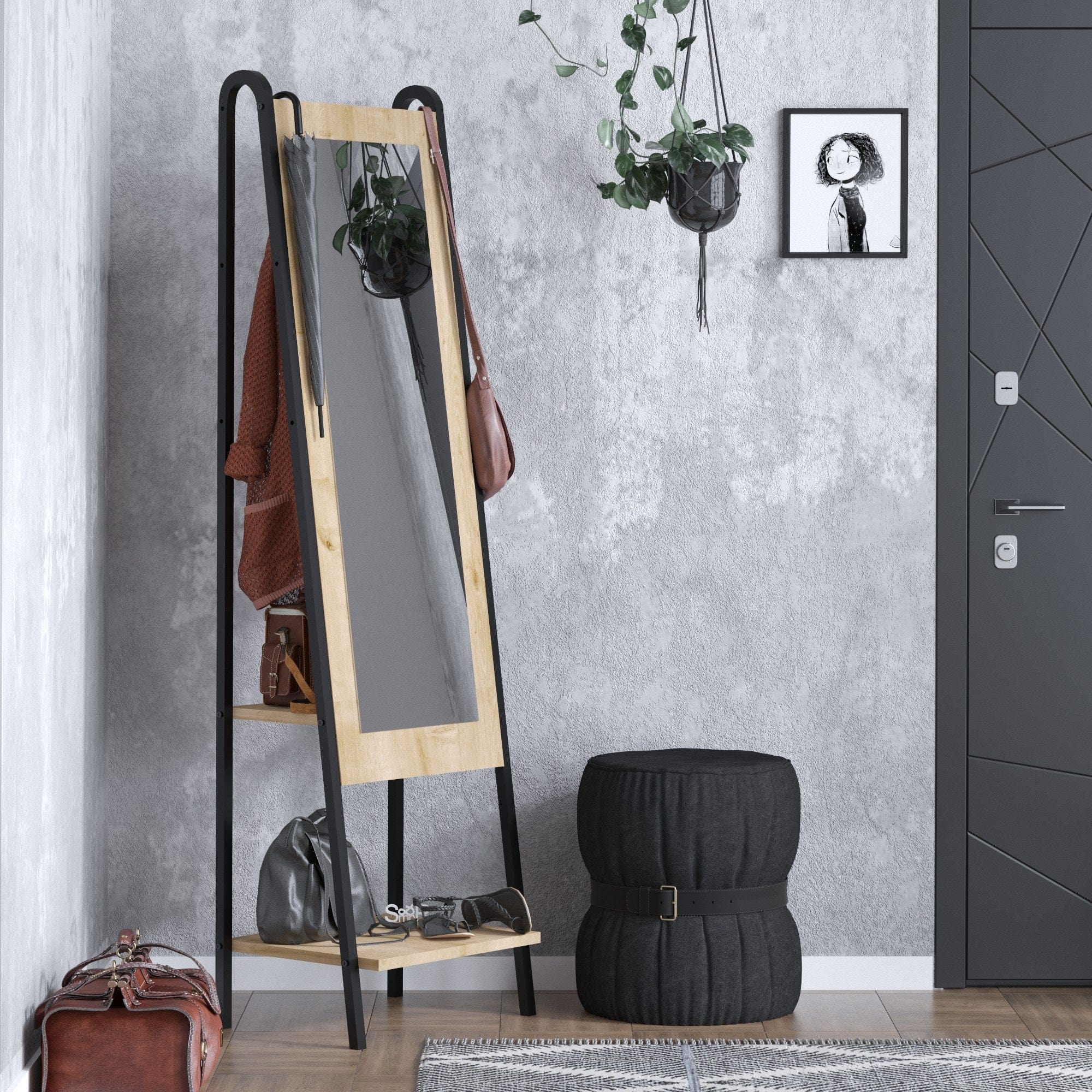 Oglinda decorativa de podea din pal, cu 2 rafturi si 3 carlige, Monet DEC0143 Stejar / Negru, l44xA35xH170 cm (2)
