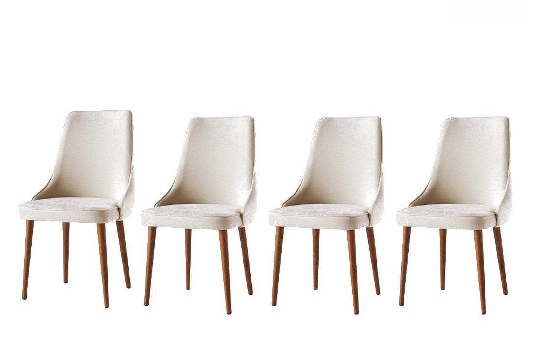 Set 4 scaune tapitate cu stofa si picioare din pal, Seyhan 1 Velvet Crem / Nuc, l52xA50xH98 cm