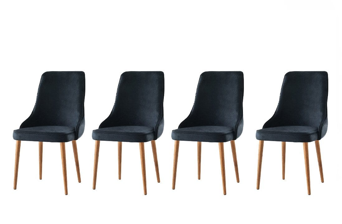 Set 4 scaune tapitate cu stofa si picioare din pal, Seyhan 1 Velvet Negru / Nuc, l52xA50xH98 cm
