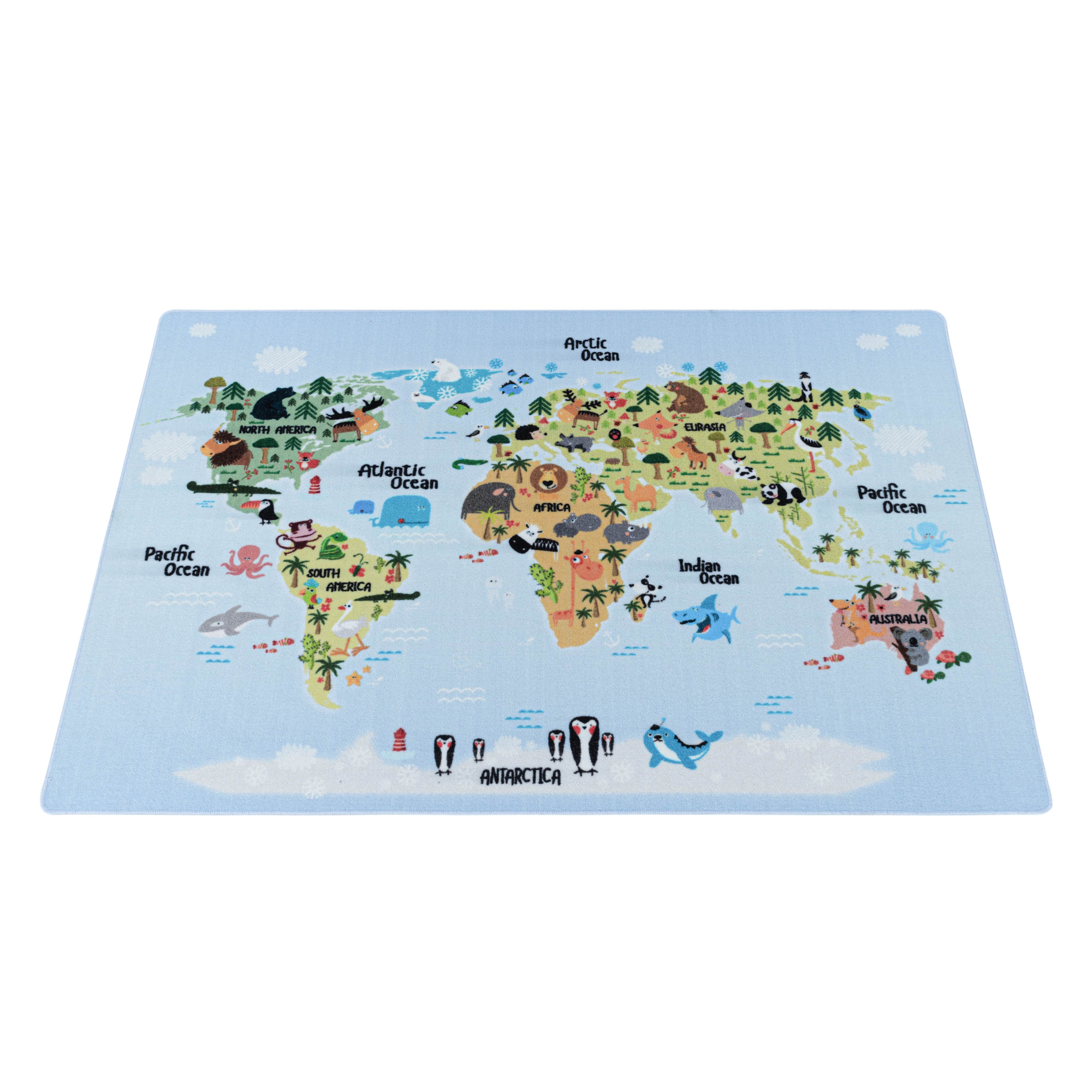 Covor pentru copii din poliamida Play 2917 World Map Animals Albastru (2)