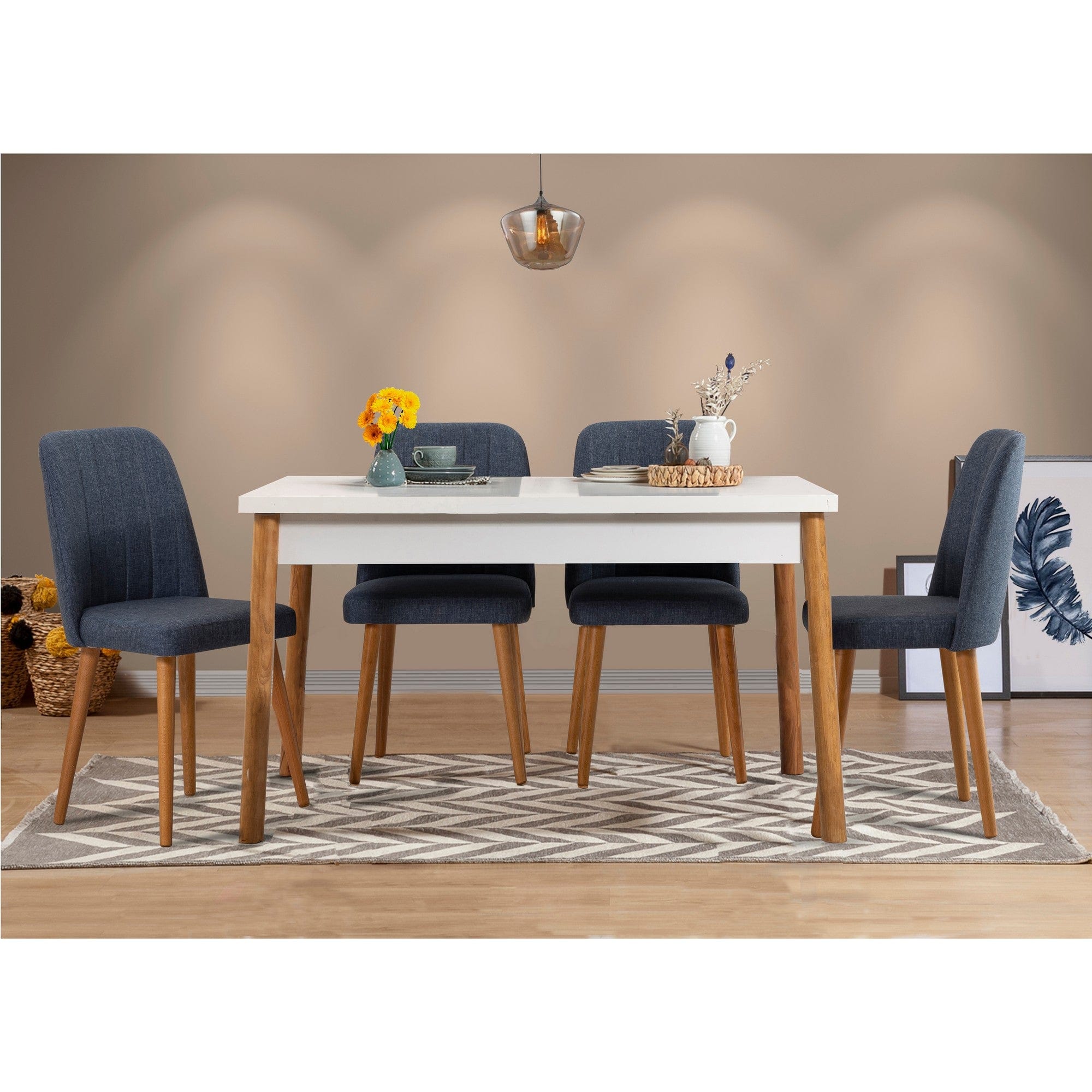 Set masa din pal + 4 scaune tapitate cu stofa, Costa V5 Pin Atlantic / Bleumarin, L120xl77xH75 cm