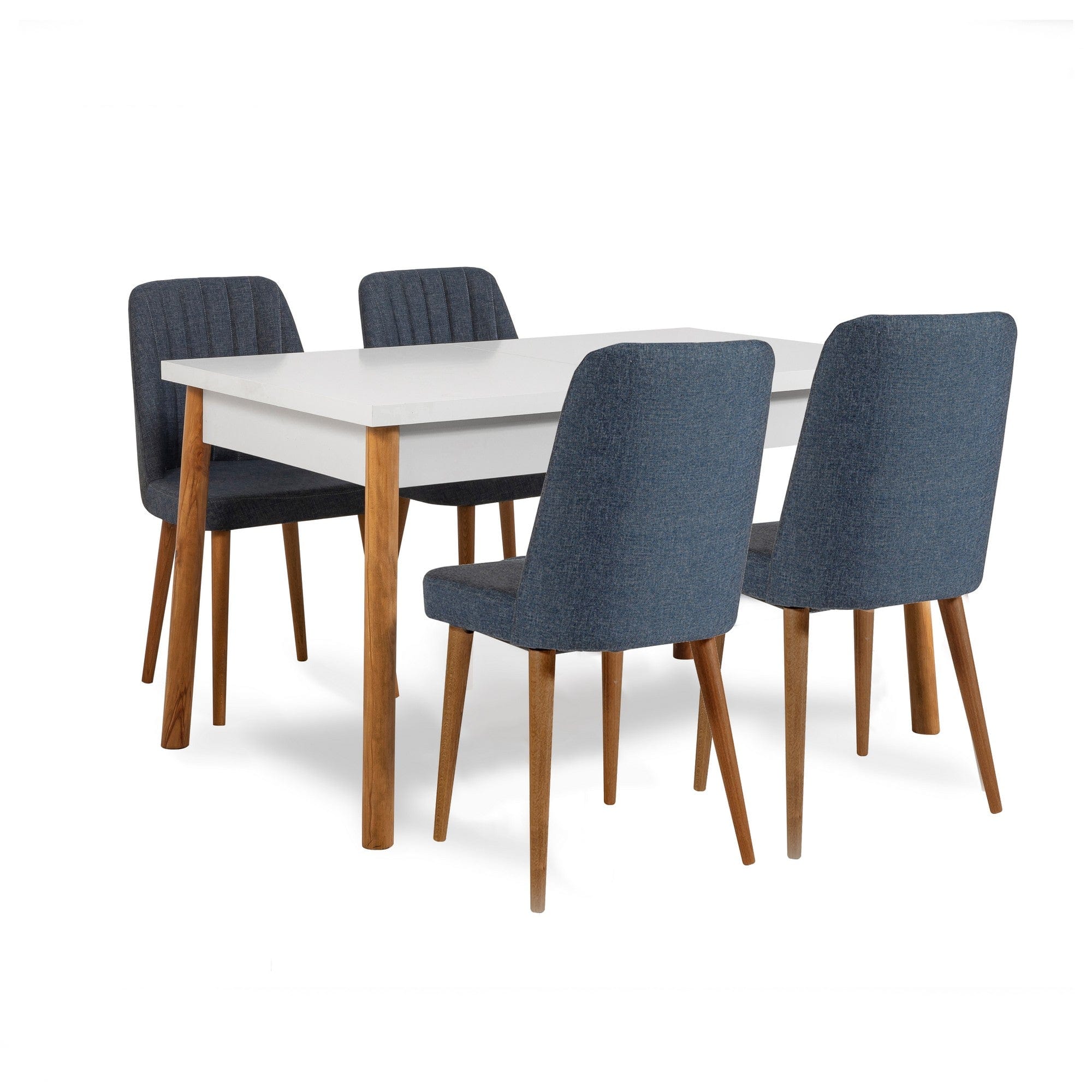 Set masa din pal + 4 scaune tapitate cu stofa + 1 banca tapitata cu stofa, Costa 1048-2-AB Pin Atlantic / Bleumarin, L120xl77xH75 cm (1)