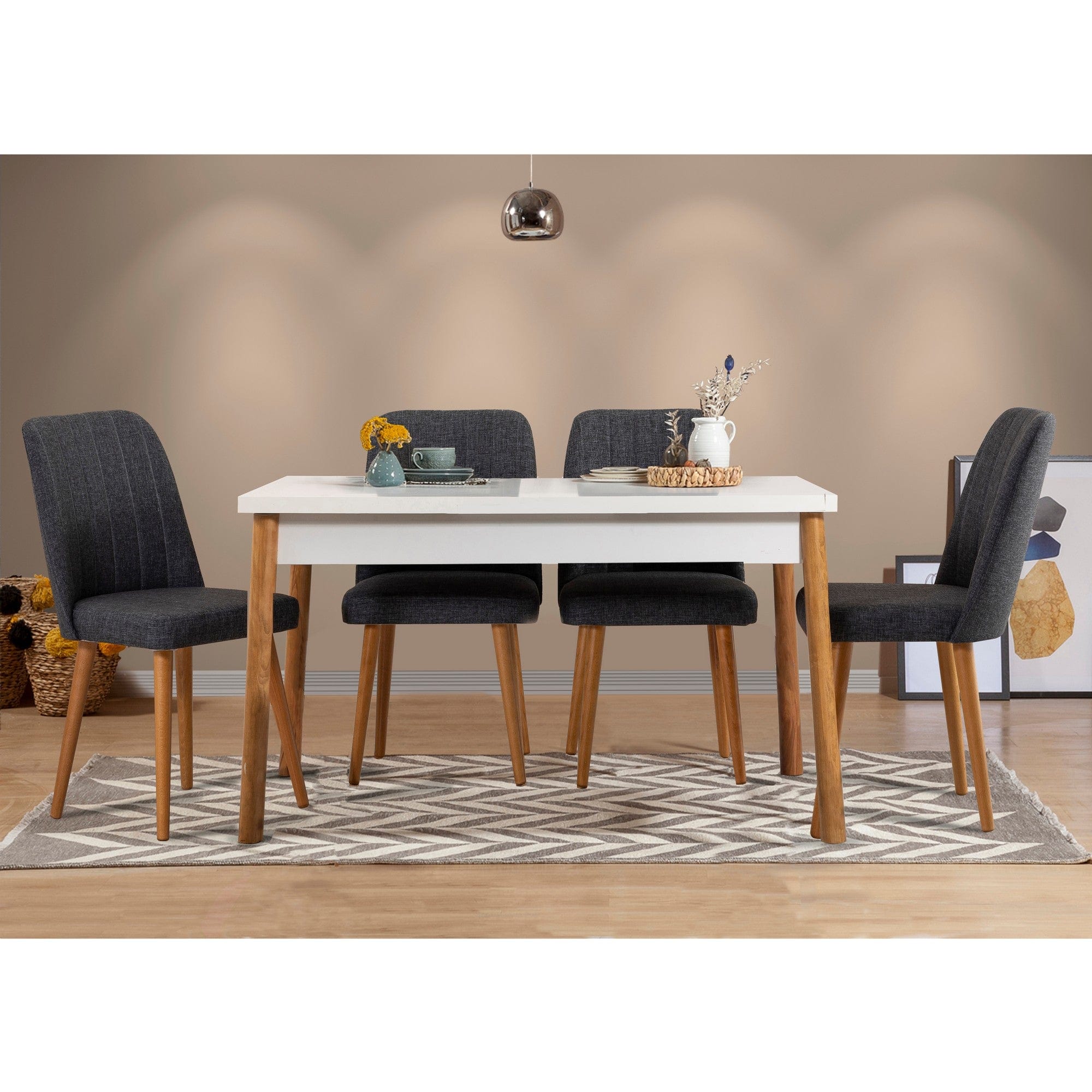Set masa din pal + 4 scaune tapitate cu stofa, Costa V7 Pin Atlantic / Alb / Antracit, L120xl77xH75 cm